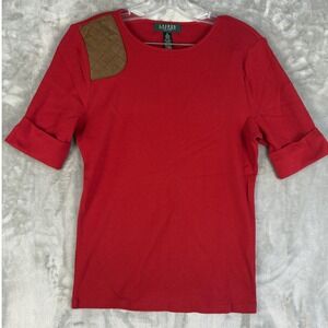 Y2K Lauren Ralph Lauren‎ L Petite Red Ribbed Elbow Sleeve Top Quilted Shoulder